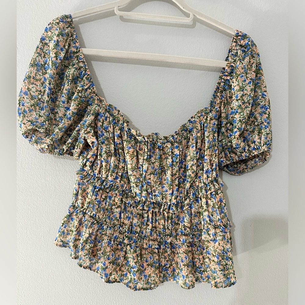 Astr the label peach blue ditsy ruffle ruched top